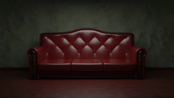 3D rendering of isolated leather sofa in the victorian style. Dark room with green old walls and wooden parquet.