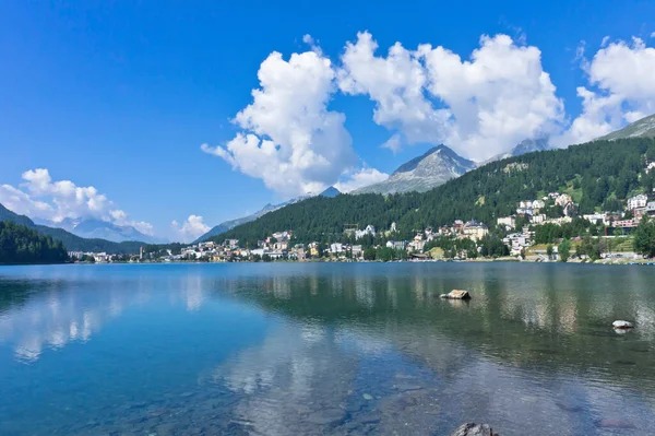 Moritz Vista Ciudad Vieja Junto Lago Alpes Suiza —  Fotos de Stock