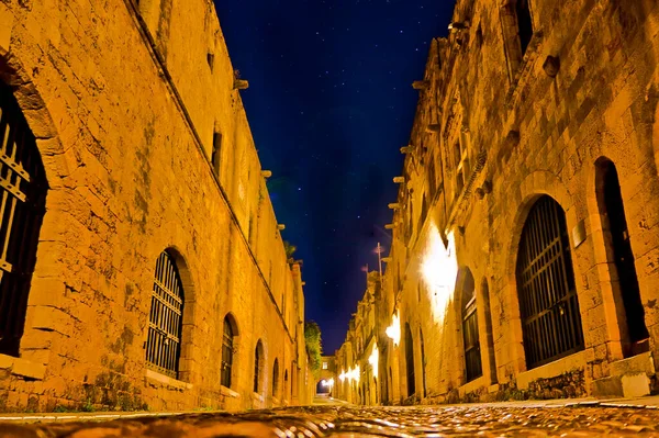 Rhodes Adası Eski Şehir Şövalyeler Sokağı Geceleri Yunanistan Avrupa — Stok fotoğraf