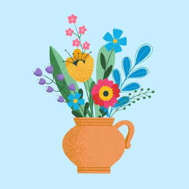 Güzel çiçek buketlerini kil ya da plastik saksılarla sarıp çiçek açan bitkilerde izole ettim. Lale ve tomurcuk bileşimi. Mavi arka planda dekoratif çiçekçi dükkanı ögesi