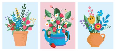 Kil ya da plastik saksılara sarılı çiçek buketleri. Lale, çilek ve ot karışımı. Arka planda dekoratif çiçekçi dükkanı ögesi