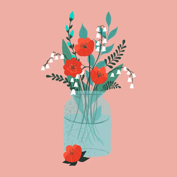 粘土やプラスチックの植木鉢で包装や開花植物に孤立した美しい花の花束 ポピーとユリの谷の組成物 装飾花屋のショップアイテム — ストックベクタ