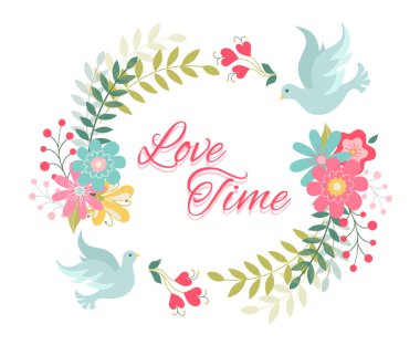 Düğün davetiyesi basılabilir şablon çiçek çelengi ve güvercinler beyaz arka plan