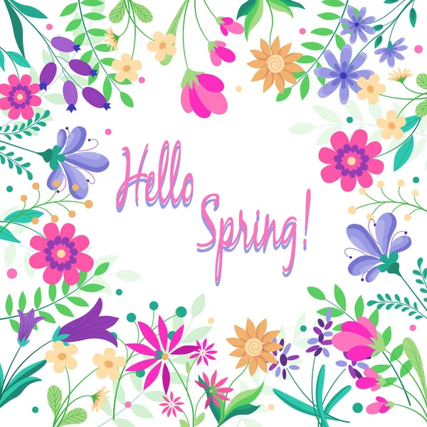 Hello Spring Flowers Text White Background — Stock Vector