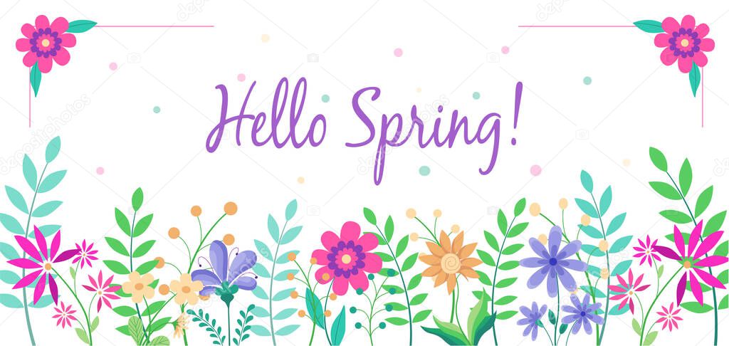 Hello Spring Flowers Text white Background