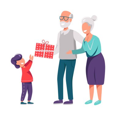 Arkaplanda hediye veren bir çocuk, büyükanne ve büyükbaba tasviri.