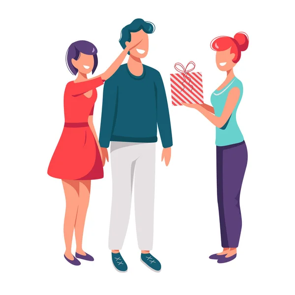 Ilustración Regalo Dos Mujeres Hombre Amigos Diferentes Antecedentes — Vector de stock