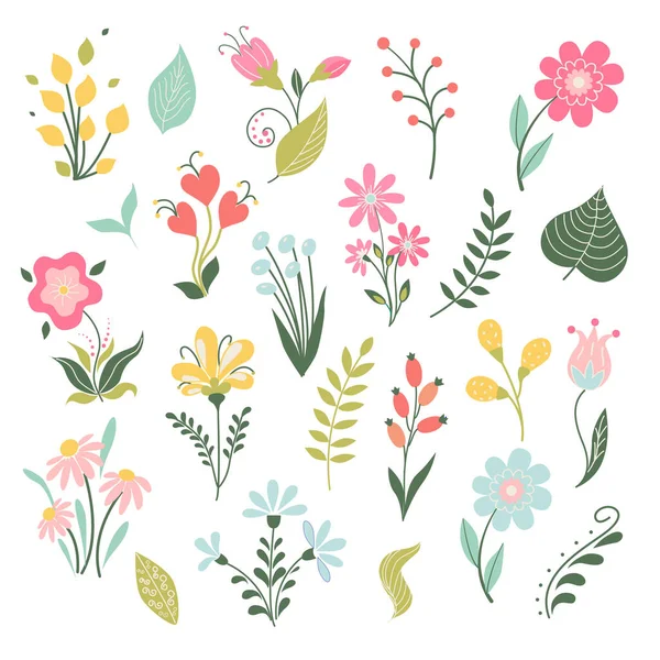 Conjunto Iconos Flores Planas Primavera Silueta Aislada Blanco Lindas Ilustraciones — Vector de stock