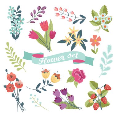 Beyaz arka planda izole edilmiş farklı çiçeklerle siluette bahar ve yaz çiçekleri. Çıkartmalar, etiketler, etiketler, hatıra defterleri için parlak renklerde şirin illüstrasyonlar.