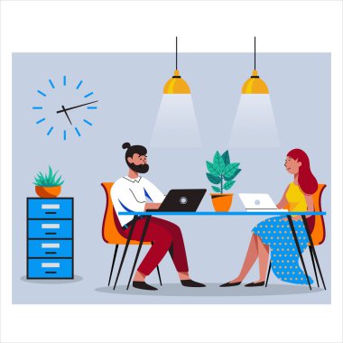 Erkek ve kadın dost canlısı açık alan işyerinde çalışıyor. Birlikte çalışma, serbest çalışma, takım çalışması, iletişim, etkileşim, fikir, bağımsız aktivite konsepti. Gri arkaplanda vektör illüstrasyonu