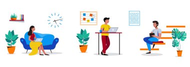 Arkadaşça açık alan işyerinde çalışan bazı insanlar. Birlikte çalışma, serbest çalışma, takım çalışması, iletişim, etkileşim, fikir, bağımsız aktivite konsepti. Beyaz arkaplanda vektör illüstrasyonu