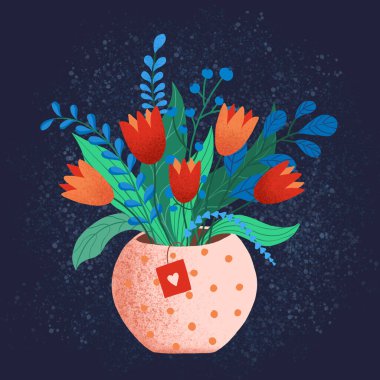 Güzel çiçek buketleri ambalajlar ve çiçek açan bitkiler. Lale ve tomurcuk bileşimi. Dekoratif çiçekçi eşya mavi arkaplan