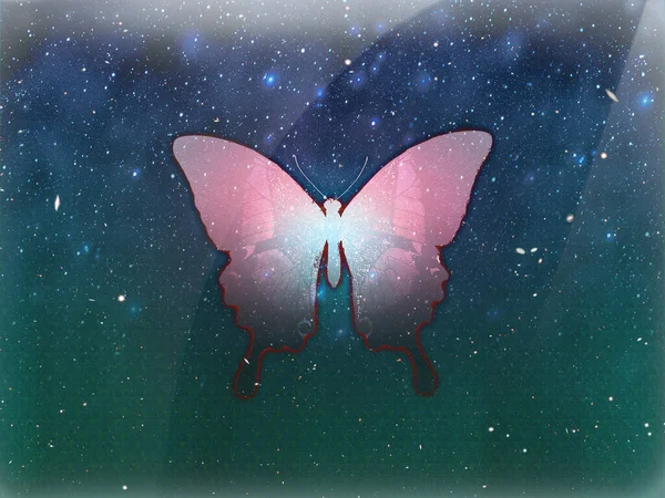 Light Red Butterfly Blue Green Starry Background — Stock Photo, Image