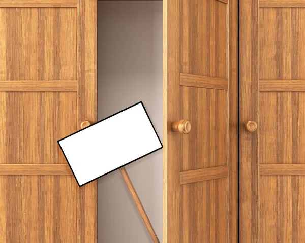 Trä garderob. Informationsskylt ser ut ur den öppna dörren. 3D-illustration — Stockfoto