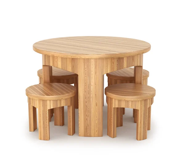 Деревянный круглый стол с четырьмя стульями. Современный дизайнер на белом фоне. 3d иллюстрация — стоковое фото
