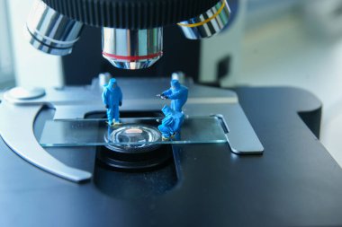 Işık mikroskobu üzerinde çalışan minyatür insanlar.