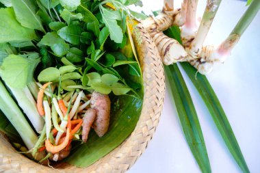 Beyaz arka planda bitki ve baharat bileşenleri