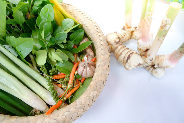 The herb and spice ingredients on white table