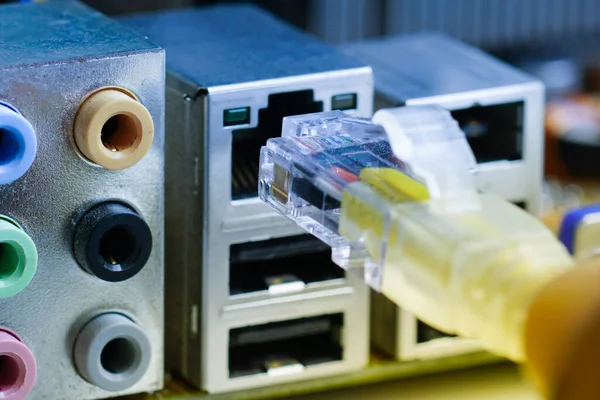 Closeup Cable Wire Network Connected Computer — Stock Photo, Image