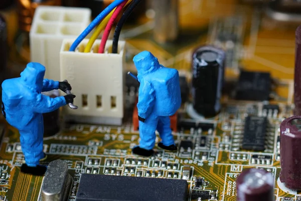 Technicians Repair Computer Mainboard Miniature People — Stock Photo, Image