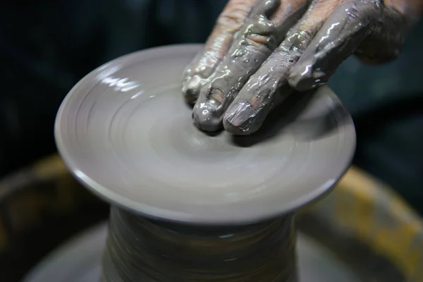 Potter Work Man Potter Making Ceramic Pot Pottery Wheel — Stock Photo, Image