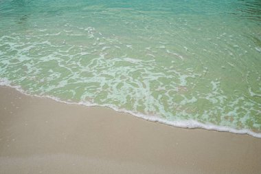 Deniz dalgalı kumsal ve kum. Deniz köpüğü. Deniz dalgası.