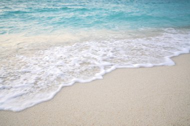 Kumsal ve su dalgalı kum. Deniz köpüğü. Deniz dalgası. Doğa arkaplanı.