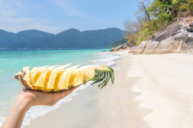 Yaz plajlı taze ananas. Seyahat kavramı.