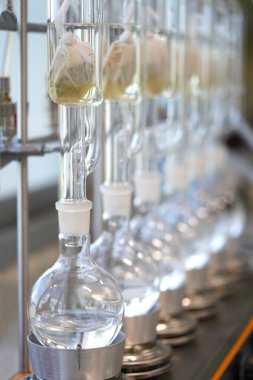 Soxhlet Üretici. Percolator-kazan ve reflü, ısıtma elementi üzerine damıtma şişesi. Organik kimya dersleri. Eczane çıkarımı.