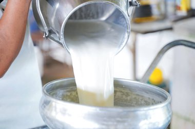 Dönüşüm için konteyner tankına süt döken işçiler.