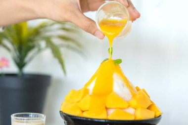 Taze mangolu Kore usulü buzlu süt. Mango bingsu.
