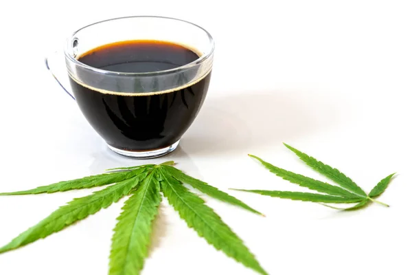 Café Negro Con Hojas Cannabis Marihuana Cannabis Medicinal Medicina Alternativa — Foto de Stock