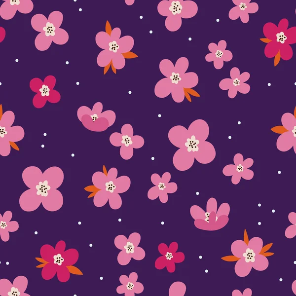 Lindo Patrón Flores Color Rosa Sobre Fondo Violeta Vector Ilustración — Archivo Imágenes Vectoriales