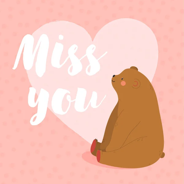Miss You Cute Illustration Bear Big Heart Greeting Card Vector — Stock Vector