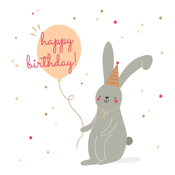 Cartão Vetor Feliz Aniversário Super Bonito Ilustração Com Bunny Chapéu — Vetor de Stock