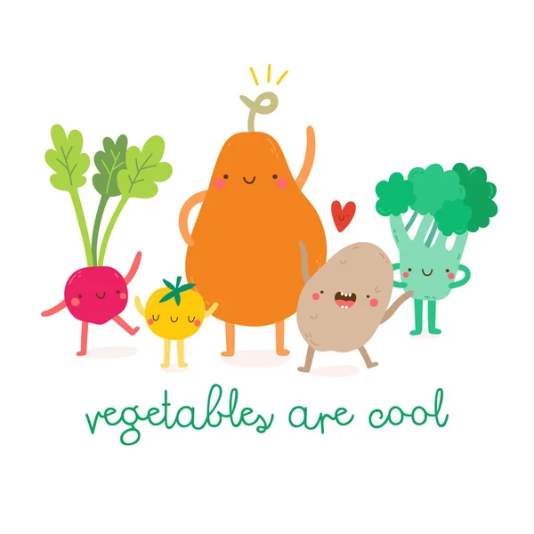 Zelenina Jsou Cool Roztomilé Ilustrace Super Roztomilý Kreslený Vegetariáni Ředkvičky — Stockový vektor