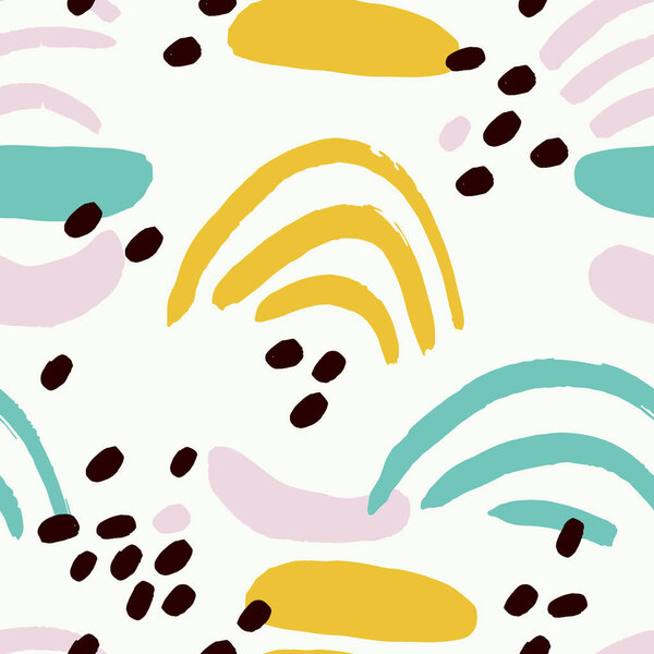 Бесшовный фон с точками и полосками в желтом, черном, бирюзовом и розовом цветах
