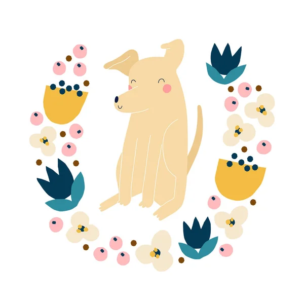 Εικονογράφηση Διάνυσμα Χαμογελαστό Σκυλί Floral Μοτίβο — Διανυσματικό Αρχείο