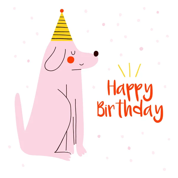 Vectorillustratie Van Schattige Hond Cartoon Met Belettering Van Gelukkige Verjaardag — Stockvector