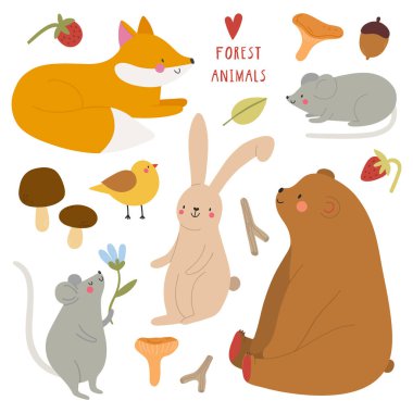 Super cute set of Forest Animals. Hand drawn collection - Bear, Fox, Rabbit, Mouse. Smiley animal characters. clipart