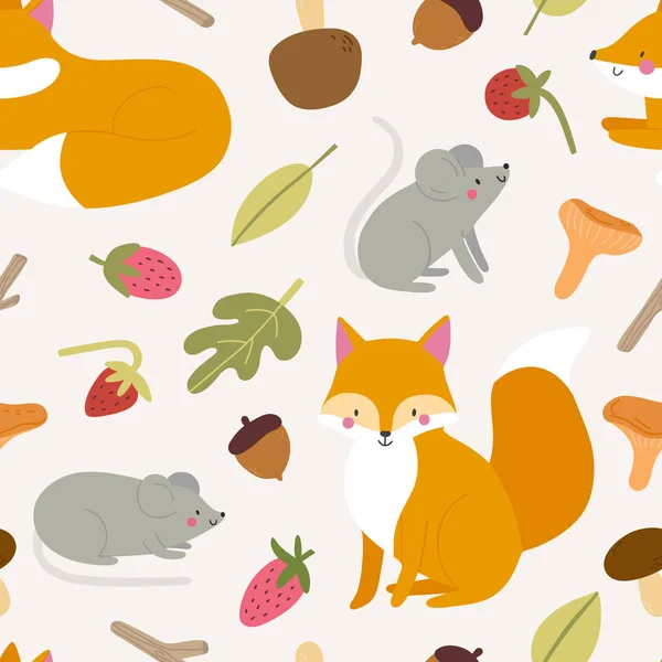 Vector pattern with Foxes and Mice. Forest animals texture with Mouses, Foxes, Mushrooms, Leaves, Acorns and Wild Strawberries