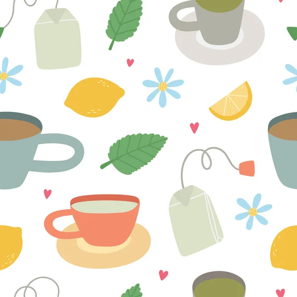 热茶薄荷和柠檬 矢量无缝模式 可爱和简单的背景与茶杯 茶话会纹理 — 图库矢量图片