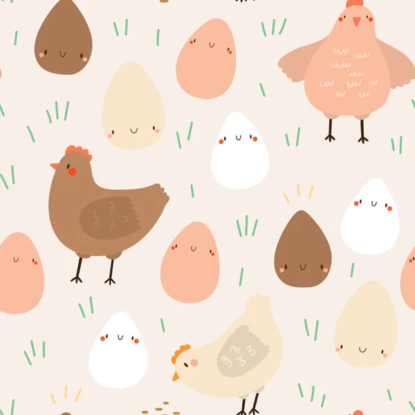 Seamless Vector Pattern Hand Drawn Chickens Eggs Cute Farm Easter — Stock Vector