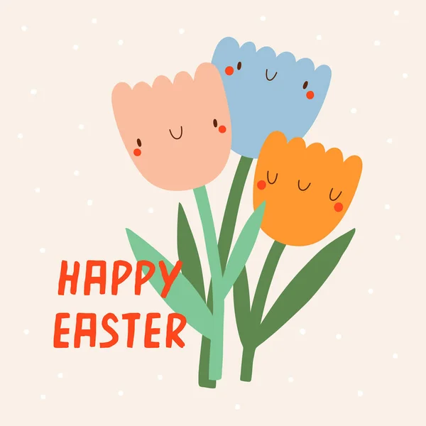 Buona Pasqua Simpatica Illustrazione Vettoriale Con Bouquet Tulipani Disegnati Mano — Vettoriale Stock