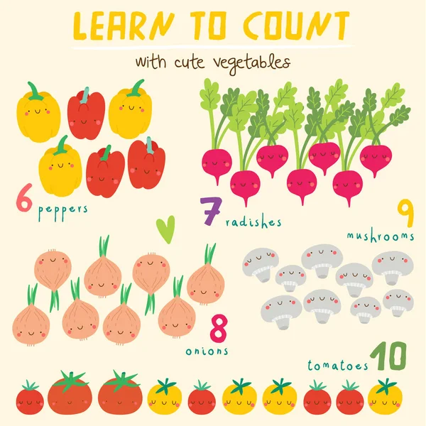 Learn Count Funny Illustration Smiley Vegetables Super Cute Vector Vegetables — Stock Vector