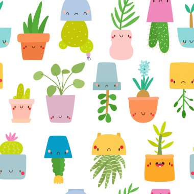 Vektör Mini bitkiler şirin süper kümesi. Çizgi film el Houseplants koleksiyonu çekilmiş. 