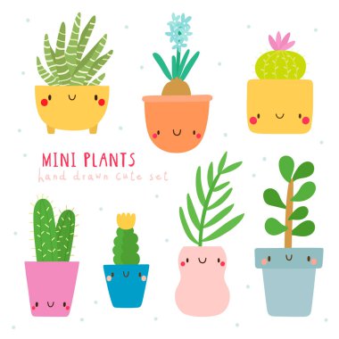 Vektör Mini bitkiler şirin süper kümesi. Çizgi film el Houseplants koleksiyonu çekilmiş. 