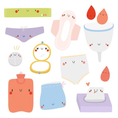 El çizilmiş Adet döngüsü nesneleri Süper sevimli seti. Vektör Adet koleksiyonu - Bardak, Pantolon, Ayna, Pad, Doku, Sıcak, Hap, Tampon, Kan damlaları