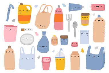 Plastik Nesneler renkli el çizilmiş ayarlayın. Geri Dönüşüm vektör koleksiyonunu azalt'ı yeniden kullanın. Karikatür tarzında sevimli üzgün plastik karakterler