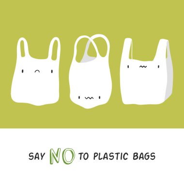 plastik torbalar plastik hayır demek - vektör illüstrasyon. Sevimli üzgün plastik torba karakterleri. Sıfır atık yaşam tarzı arka plan